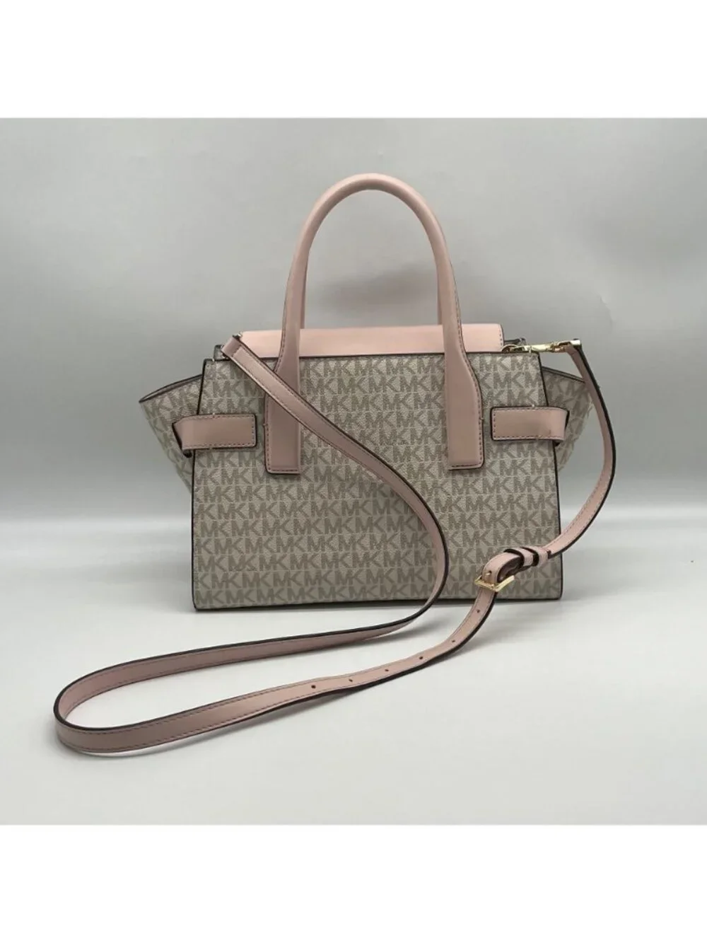 Michael Kors Carmen Vanilla/Powder Blush Signature Canvas Medium Belted Satchel